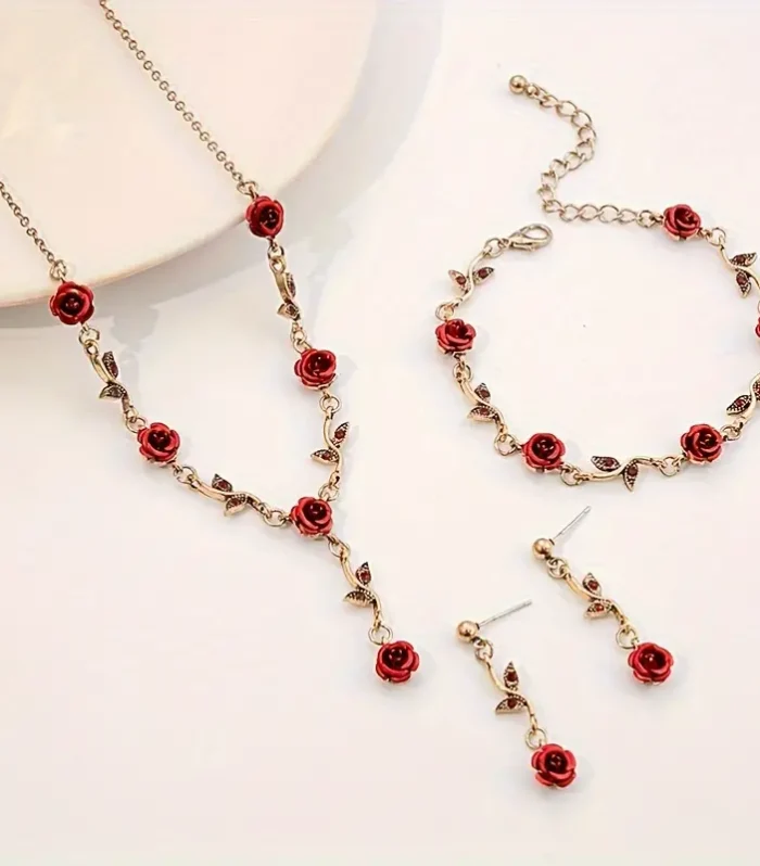 Stylish Red Rose Bracelet Earrings And Necklace