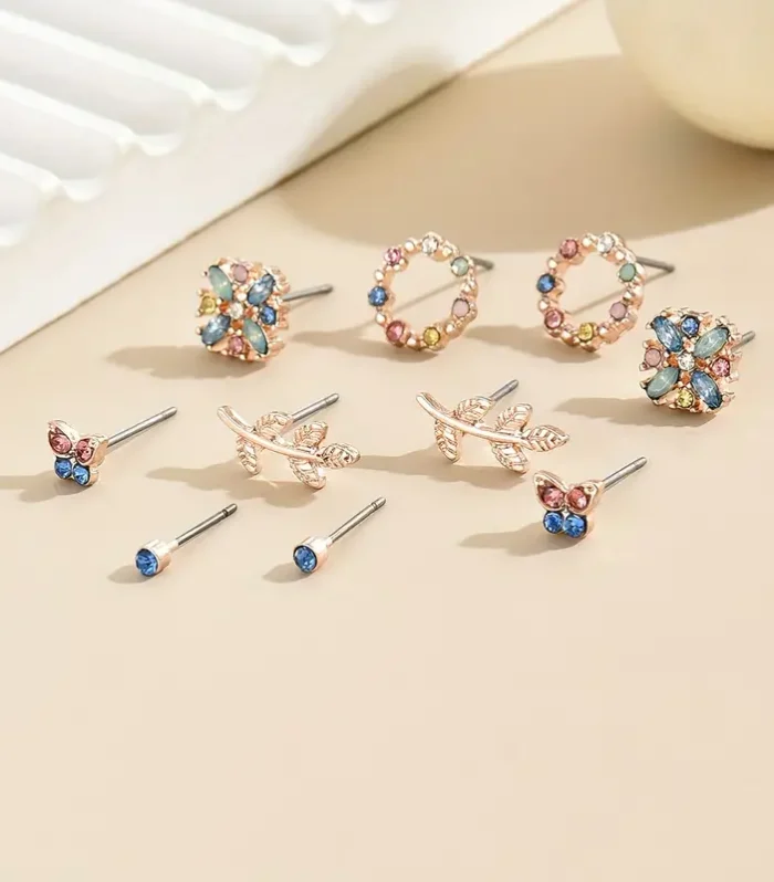 5 Pairs/ Set Exquisite Butterfly Flower Leaf Design Shiny Rhinestone Inlaid Stud Earrings