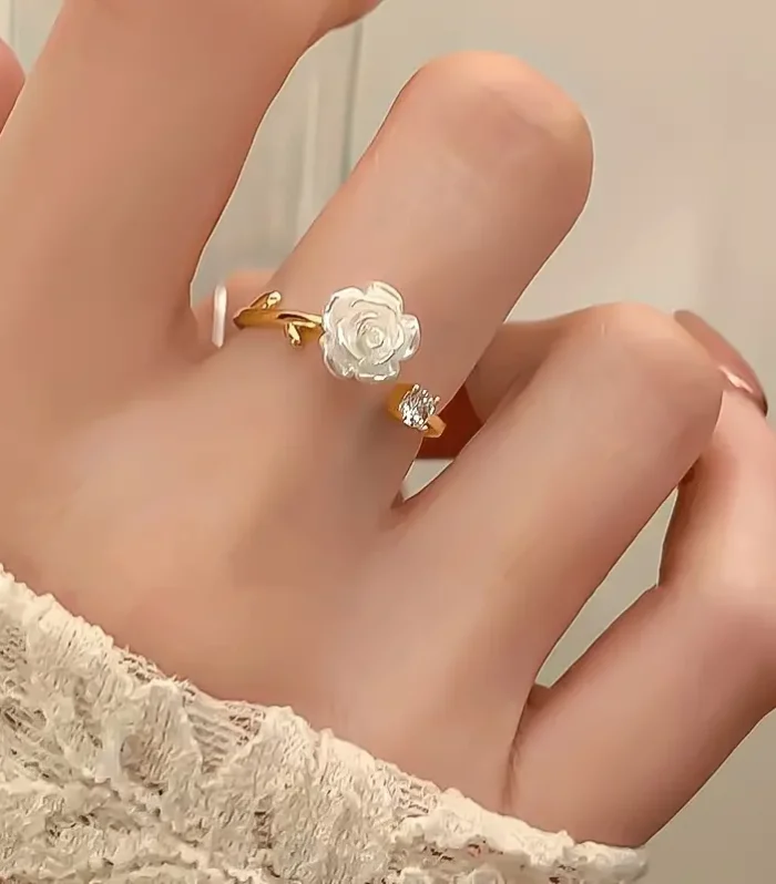 Camellia Flower Adjustable Open Cuff Ring