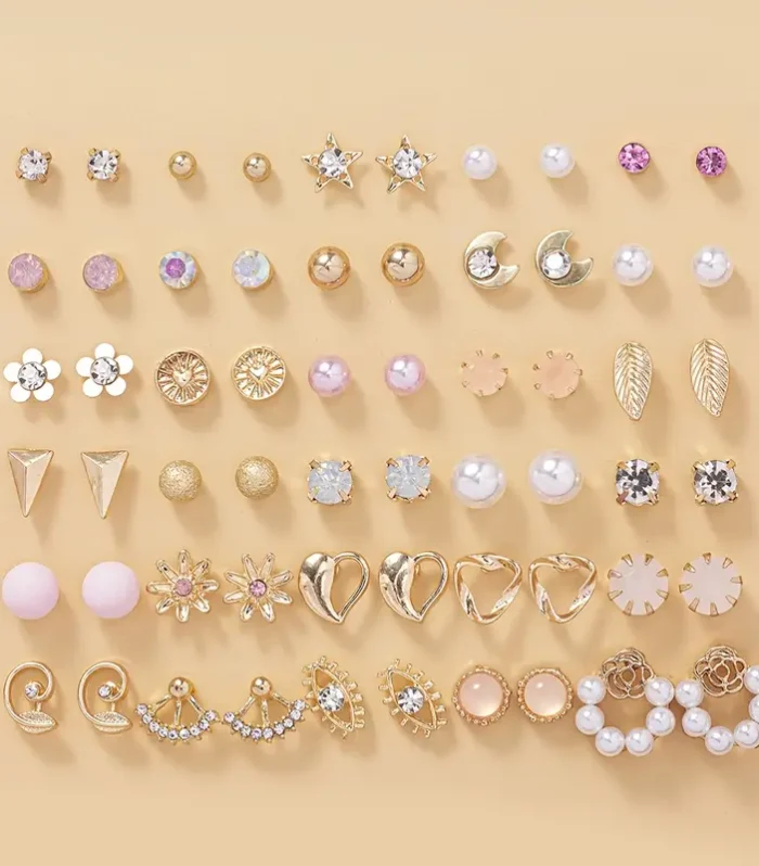 1 set of 30 pairs of stylish, simple and cute flower heart-shaped leaf imitation pearl rhinestone earrings set, multi-piece set, holiday gift for women, suitable for daily wear